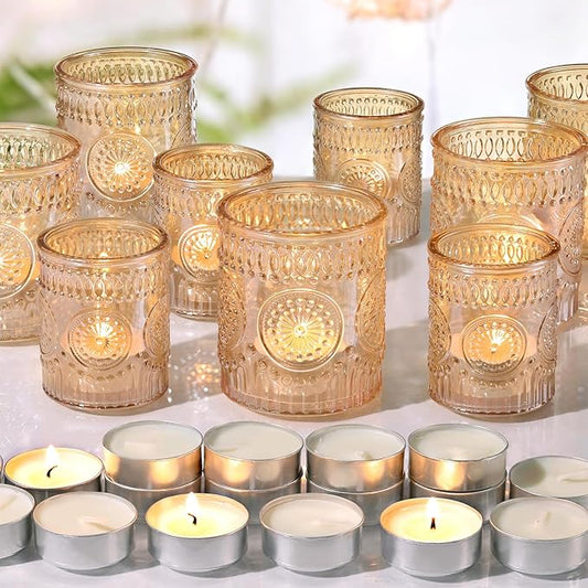 Volens 20pcs Assorted Gold Votive Candle Holders with 20pcs Tealight Candles, Large Glass Votive & Tea Light Candle Holder for Wedding Table Centerpieces, Christmas Party Decorations, Fall Home Decor