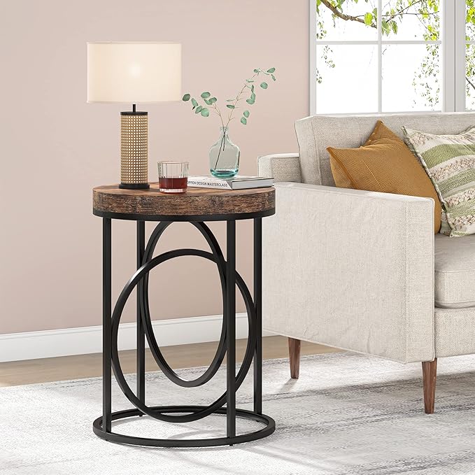 LITTLE TREE 20” Round End Table with Thick Wood Top，Modern Sofa Side Table with Gold O-Shaped Base, Midcentury Accent Table Cocktail Table Nightstand for Living Room Bedroom