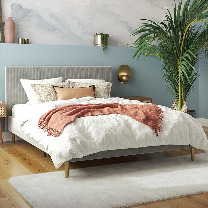 Mr. Kate Daphne Upholstered Queen Bed Frame with Headboard, Modern Platform Velvet Queen Bed Frame, Light Gray Velvet