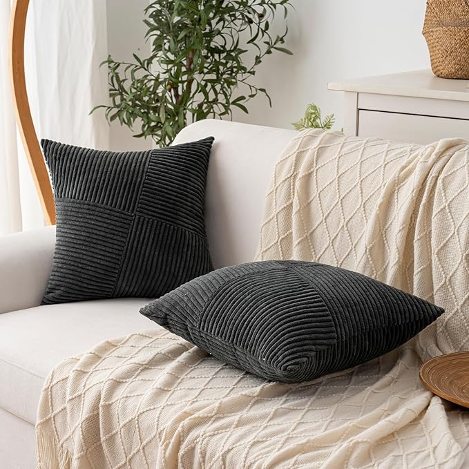 Decorative Throw Pillow Covers 18x18 Inch Set of 2 for Boho Living Room Farmhouse Home Decor, Spring Pillow Covers for Couch Bed, Soft Corduroy Striped Patchwork Cushion Cases, Dark Gray