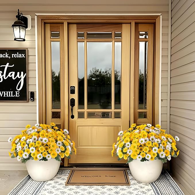 Fake Mums Fall Artificial Flowers for Outdoor Decoration, 6 Bundles Faux Silk Daisy Flowers Realistic UV Resistant No Fade Fall Fake Plants for Home Patio Porch Garden Window Box Decor(Yellow White)