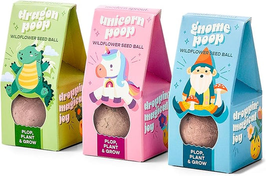 Modern Sprout Wildflower Seed Ball Poop - Non-GMO, Hand-Rolled Clay Seed Bombs with Wildflower Seeds - Plop Plant & Grow Gardening Gift Set for Kids & Adults - (Magical Plop - Pack of 3)