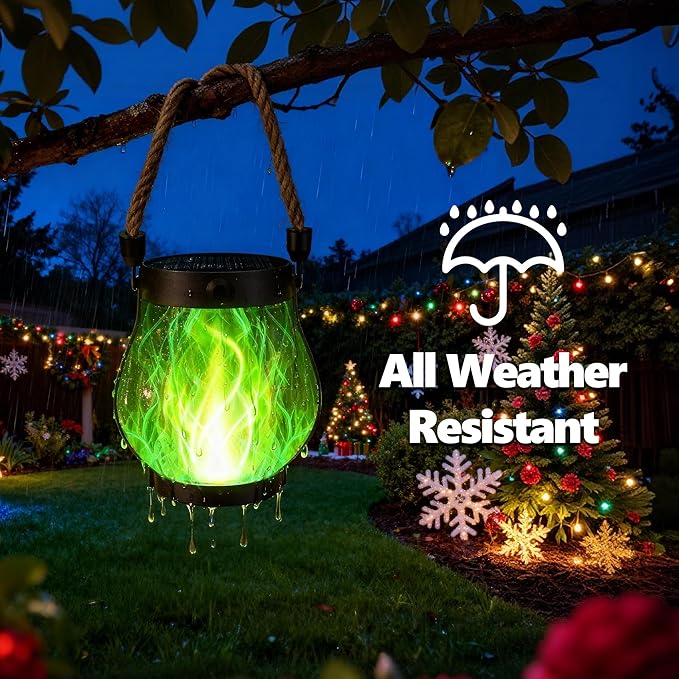 Christmas Solar Flame Lantern Hanging Outdoor Waterproof Purple - 2 Pack Flame Lanterns with Dual Charging Modes of Solar & USB for Garden or Yard Decorations (Green - 2 Pack)