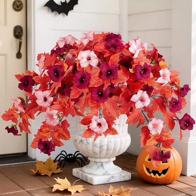 Fake Fall Flowers for Outdoors Decor 2PCS Artificial Flowers Fake Faux Silk Petunias Faux Fall Flower, UV Resistant Autumn Plants for Garden Porch Balcony Realistic Halloween Decoration(Burgundy Pink)