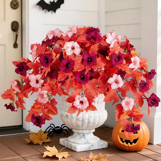 Fake Fall Flowers for Outdoors Decor 2PCS Artificial Flowers Fake Faux Silk Petunias Faux Fall Flower, UV Resistant Autumn Plants for Garden Porch Balcony Realistic Halloween Decoration(Burgundy Pink)