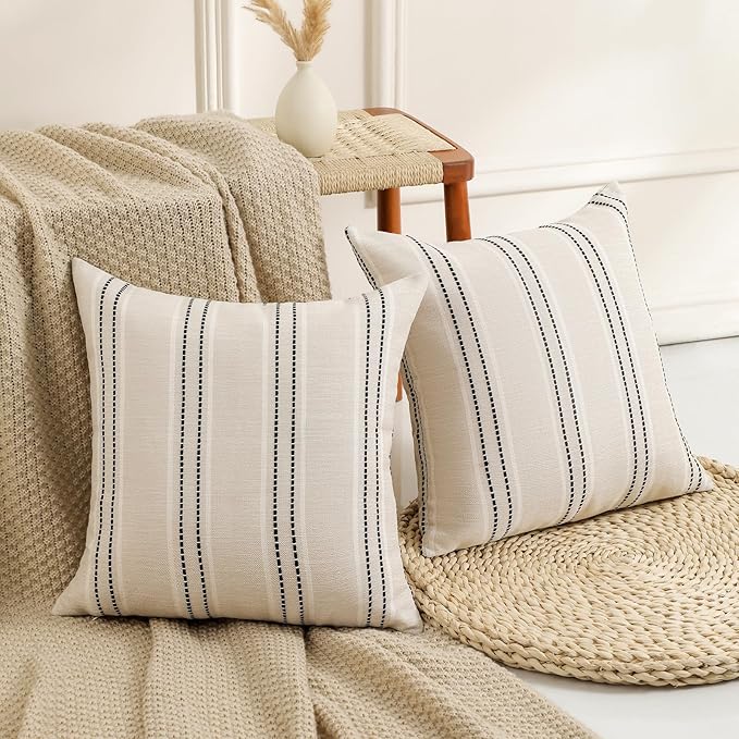 Hckot Throw Pillow Covers 22x22 Set of 2 Striped Pillow Covers Textured Linen Decorative Pillows Square Cushion Covers for Sofa Couch Bed Living Room Farmhouse Decor, Navy Blue