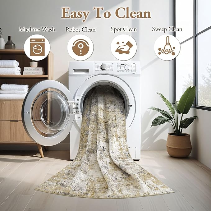 Area Rugs for Living Room: 9X12 Large Soft Washable Rug Modern Abstract Non-Slip Backing Stain Resistant Carpet for Bedroom Dining Room or Home Office Home Decor -Gray Gold