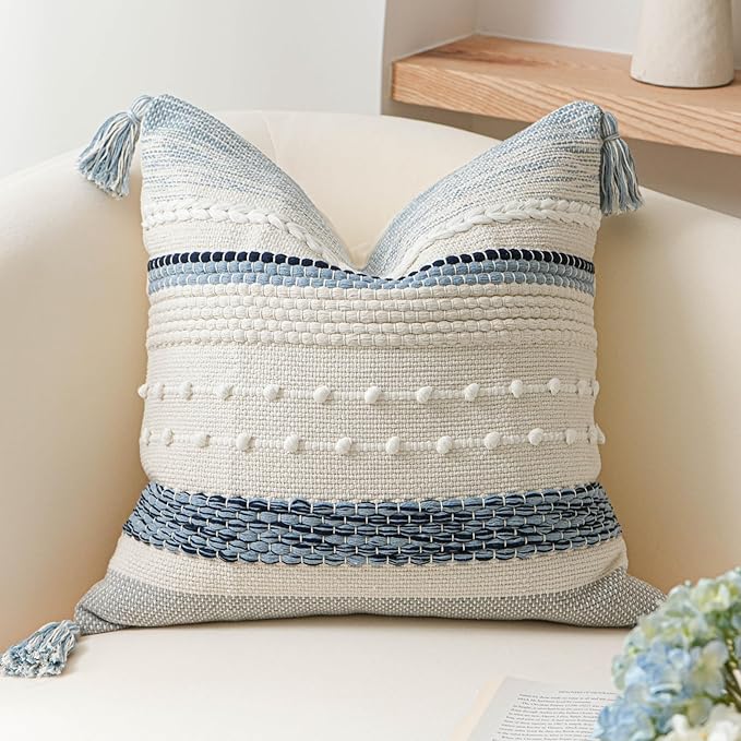BlissBlush Coastal Blue Boho Decorative Throw Pillow Cover 20x20 Modern Bohemian Accent Pillow Case Square Woven Textured Farmhouse Pillows for Couch Bed (Pack of 1)