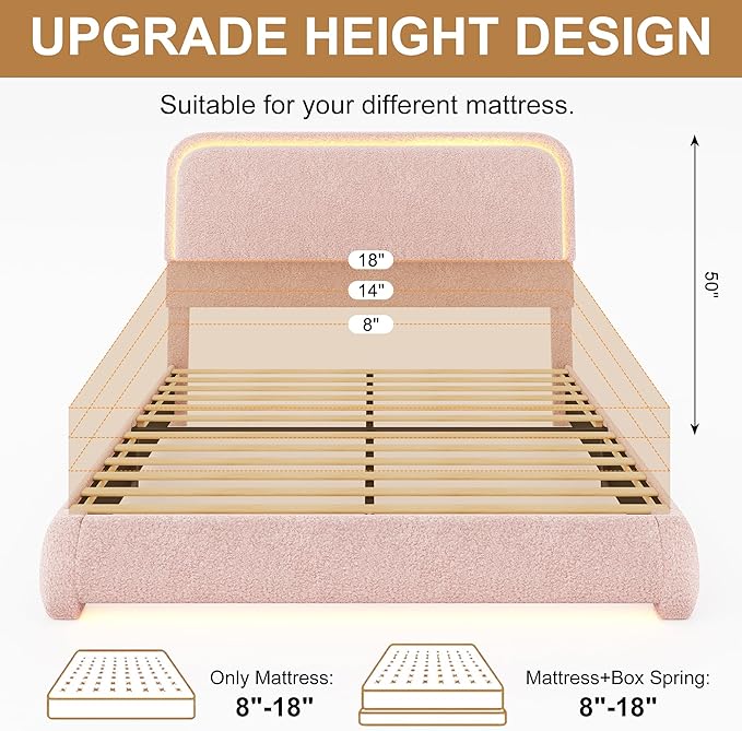 Twin Size Bed Frame for Kids, Soft Teddy Fleece Upholstered Platform Bedframe with Thickened Rounded Corners Headboard Footboard, Modern Curved Shaped Cloud Beds with LED Lights, Pink