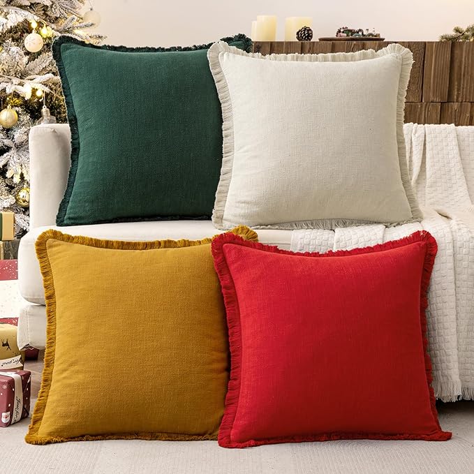 MIULEE Linen Pillow Covers 18x18 Inch Decorative Throw Pillows with Fringe Pack of 4 Soft Farmhouse Boho Couch Pillows Home Decors for Sofa Cushion Living Room Bed Dark Green and Yellow