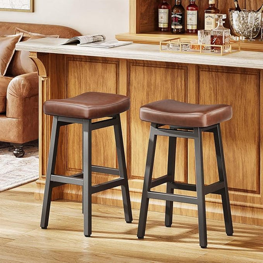 29 Inches Bar Stools Set of 2, Bar Height Barstools for Home Counter, Blackless Barstool with Bonded Leather Saddle Seats & Heavy Duty Metal Legs, Easy Assembly, Brown/Black