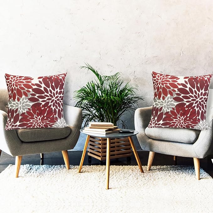 Decorative Throw Pillow Covers Set of 2 Wine Red Pillow Covers 20x20 Inch Couch Pillow Covers for Sofa Living Room Outdoor Throw Pillow Cover Linen Floral Flower Farmhouse Pillowcase
