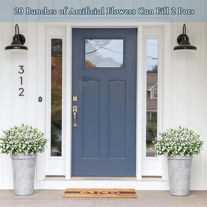 Outdoor Artificial Flowers UV Resistant, 20 Bundles Fake Realistic Floral Greenery Plants for Outside Porch, Window Boxes, Garden, Yard, Inside Home Table Decor, White