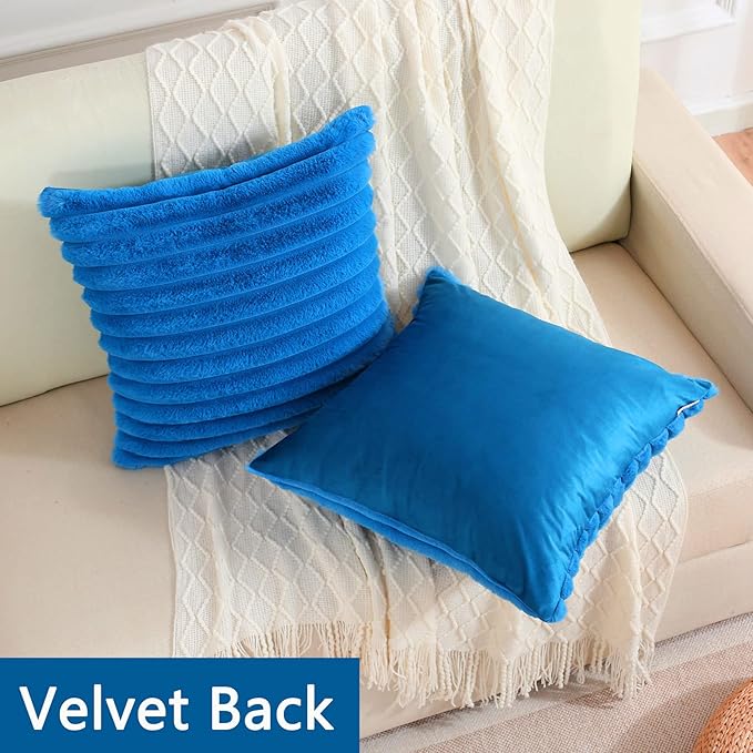 FUTEI Royal Blue Striped Decorative Throw Pillow Covers 14x14 Inch Set of 2,Square Fall Decorations Couch Pillow Case,Soft Cozy Faux Rabbit Fur & Velvet Back,Modern Home Decor for Bed