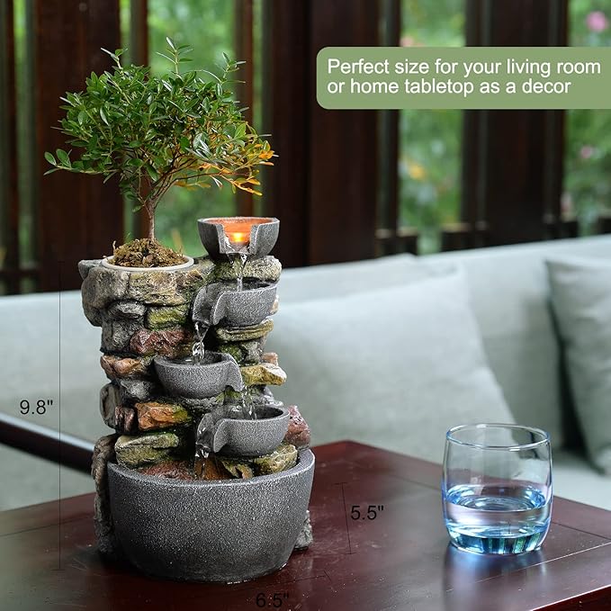 Indoor Fountain 4-Bowl Rockery Soothing Sound Tabletop Fountains Home/Office Decor Gift for Mom,Mother Day Present with A Small Plastic Pot to Grow Plant/Hebs by Yourself (Automatic Watering)