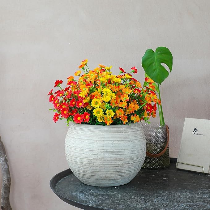 alyptus Fake Mums Artificial Flowers – 12 Bundles Fall Flowers for Outdoor Orange Display, Faux Mums UV Resistant Silk Plants for Porch, Patio, Garden, Thanksgiving Decor (Red 5, Orange 5, Yellow 2)