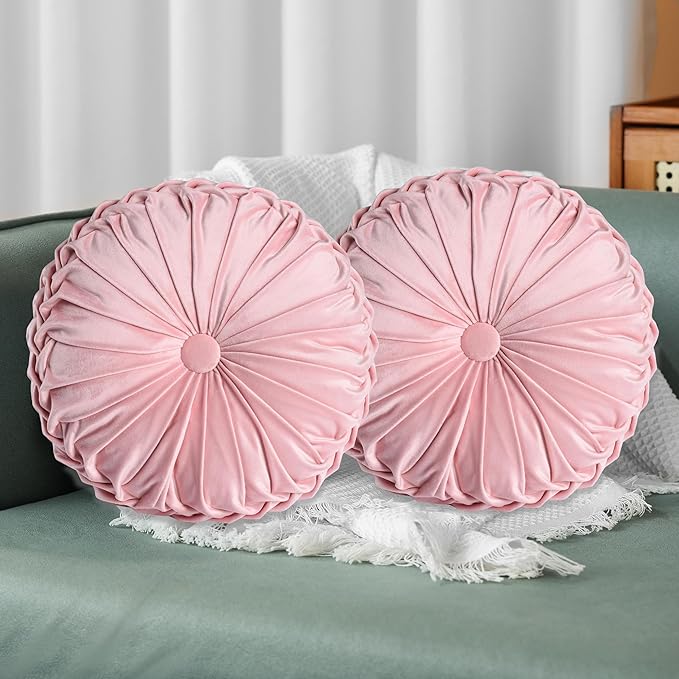 HIG Set of 2 Pink Ruched Velvet Round Throw Pillows – 14.5’’ Decorative Pillows with Soft Polyester Filling for Couch, Bed, Living Room, Bedroom, or Dorm – Handmade, Stress Relieving, All-Season