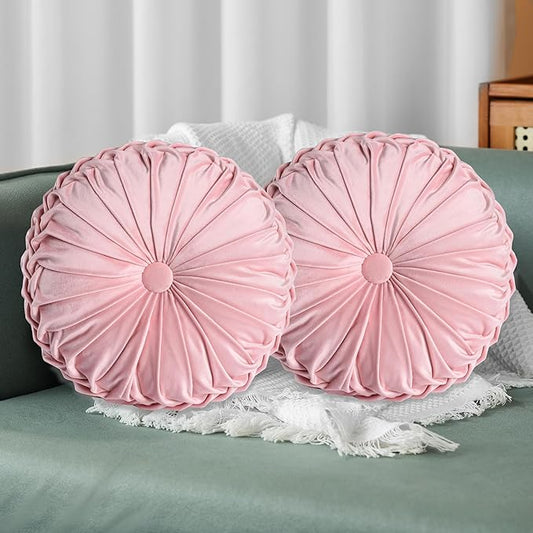 HIG Set of 2 Pink Ruched Velvet Round Throw Pillows – 14.5’’ Decorative Pillows with Soft Polyester Filling for Couch, Bed, Living Room, Bedroom, or Dorm – Handmade, Stress Relieving, All-Season