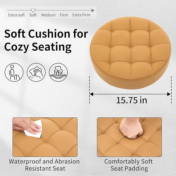 Drafting Stools with Wheels (Adjustable Height 20-27 inch) (300lbs Capacity) Round Vanity Stool (Camel Brown)