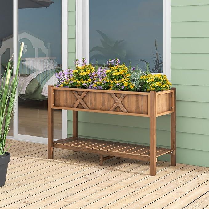 Giantex HIPS Raised Garden Bed, Elevated Planter Box w/Legs, Storage Shelf, Drainage Holes, Weather-Proof Standing Raised Beds for Backyard Porch Flower Herb (Coffee, 44" x 18" x 29")