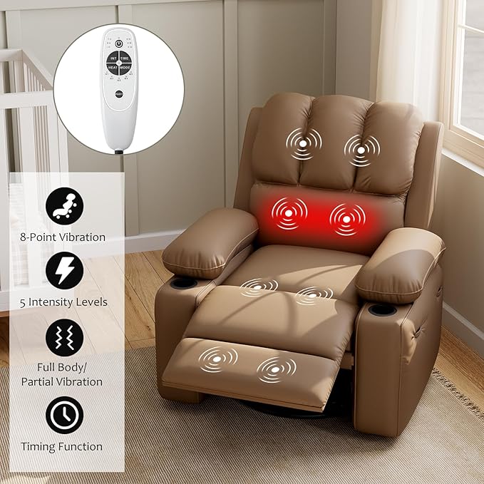 27" Oversized Power Recliner Chair, Faux Leather Rocking Chair with Heat & Massage, 360° Swivel Modern Electric Recliner with Cup Holder ＆ USB Charging for Living Room, Bedroom, Nursery - Khaki