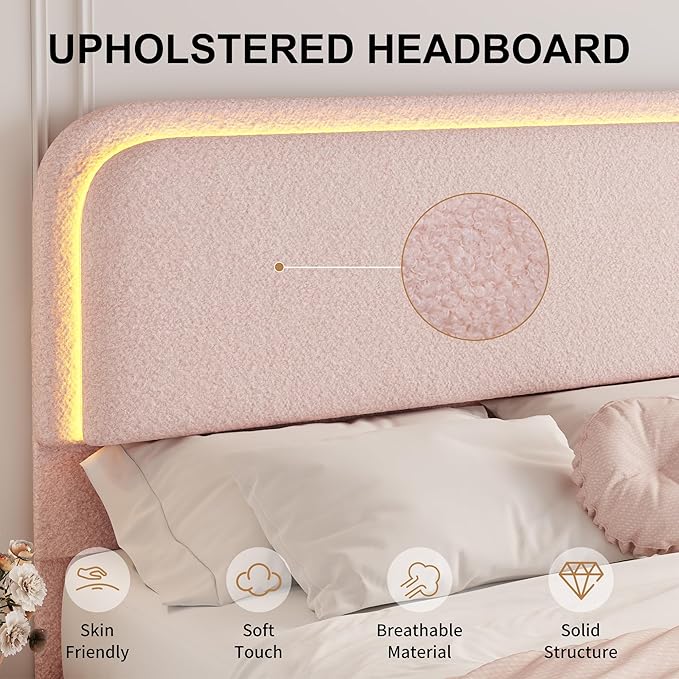 Twin Size Bed Frame for Kids, Soft Teddy Fleece Upholstered Platform Bedframe with Thickened Rounded Corners Headboard Footboard, Modern Curved Shaped Cloud Beds with LED Lights, Pink