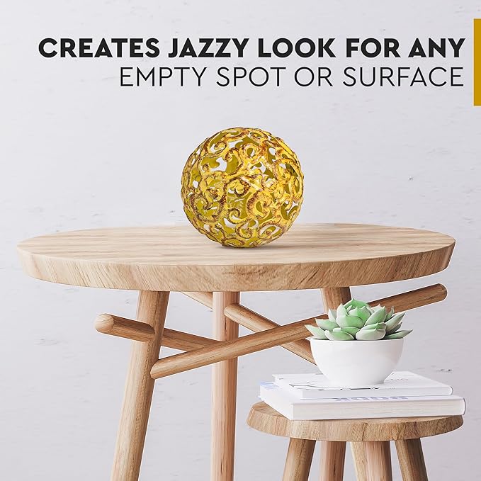 Everydecor Metal Decorative Sphere for Home Decor - Decorative Balls for Shelves, Centerpiece Bowls, Bookshelf - Decoration Orbs Accents for Living Room, Bedroom - Fancy Yellow Shelf Spheres