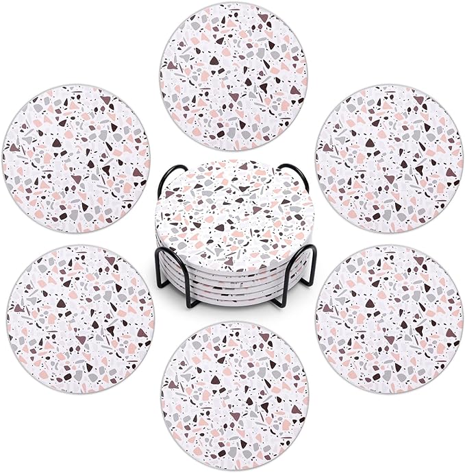 Acejoz Drink Coasters with Holder, Set of 6, Terrazzo Pattern, Ceramic, Round, 4 Inches