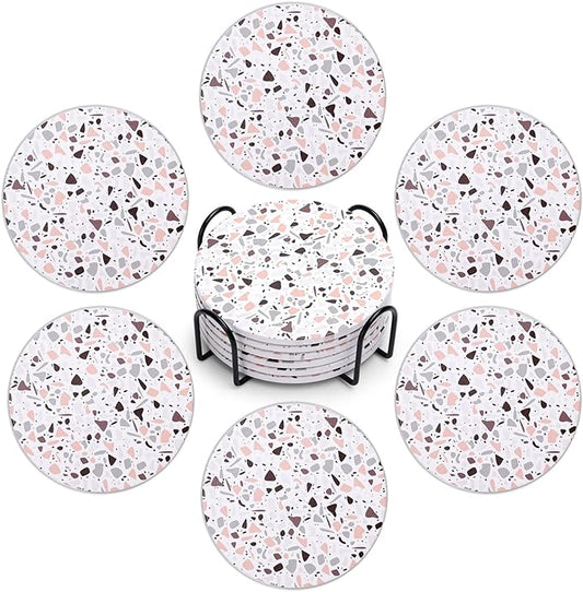 Acejoz Drink Coasters with Holder, Set of 6, Terrazzo Pattern, Ceramic, Round, 4 Inches