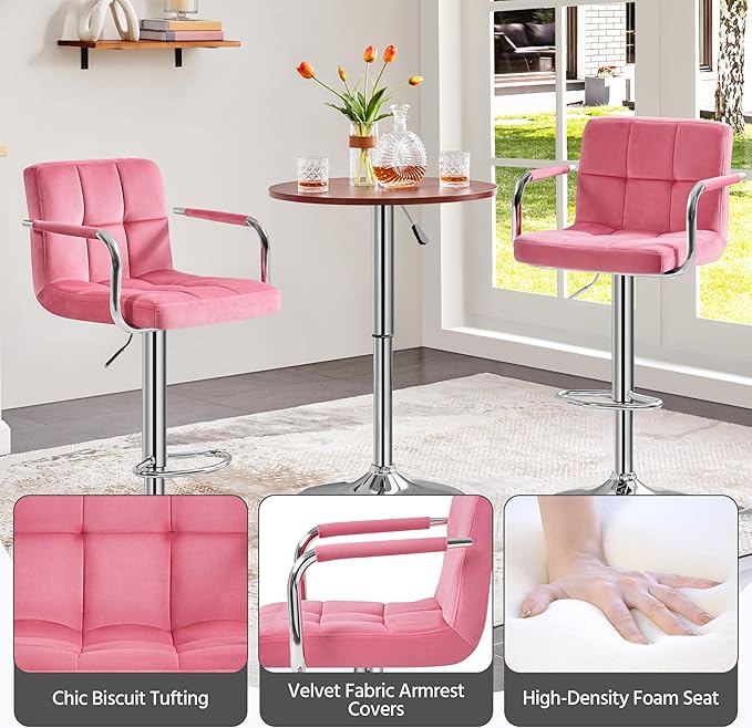 Yaheetech Bar Stools Set of 2, Adjustable Velvet Fabric Swivel Barstools, Modern Counter Stools with Back and Footrest, Counter Height Barstools for Bar, Kitchen, Dining Room, Pink