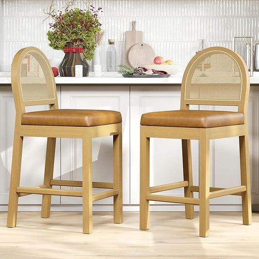 STHOUYN Upholstered Rattan Bar Stools Set of 2, Wooden Counter Height Bar Stools with Natural Rattan Woven Back and Faux Leather Seat, Mid-Century Modern Island Chairs Barstools for Kitchen (2, Brown)