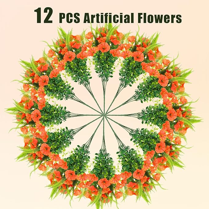 Artificial Fall Flowers for Outdoors 12 Bundles Fake Mums Petunias Flowers UV Resistant Shrubs Plants with Fern for Indoor Outside Hanging Planters Home Garden Autumn Thanksgiving Decorations
