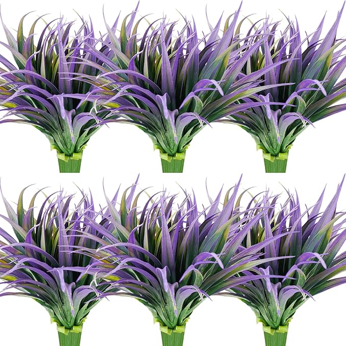 24Pcs Artificial Grass Plant Fake Outdoor Plastic Plants UV Resistant Faux Grasses Greenery Shrubs for Window Box Garden Patio Porch Home Decor Light Purple