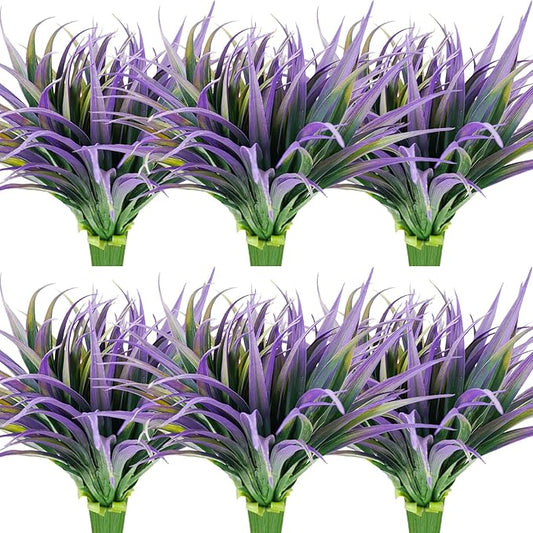 24Pcs Artificial Grass Plant Fake Outdoor Plastic Plants UV Resistant Faux Grasses Greenery Shrubs for Window Box Garden Patio Porch Home Decor Light Purple