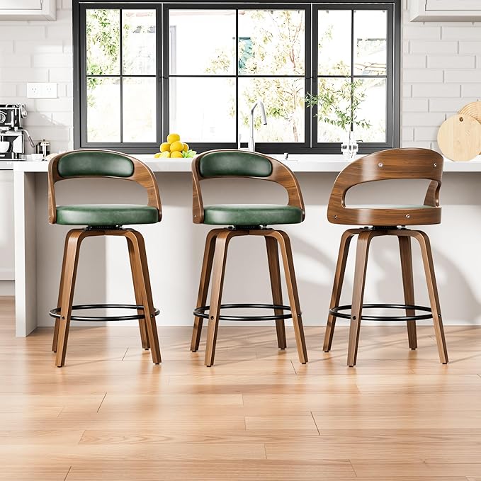 Swivel Bar Stools Set of 3, 26" Upholstered Faux Leather Barstools with Bentwood Legs, Mid Century Modern Counter Height Bar Stools with Back for Kitchen Island, Dining Room, Green