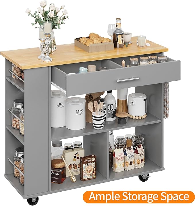 Shintenchi Kitchen Island on Wheels with Storage, Wheeled Island & Cart with 3-Tier Spice Rack, 3 Open Shelves and 1 Drawer, Gray