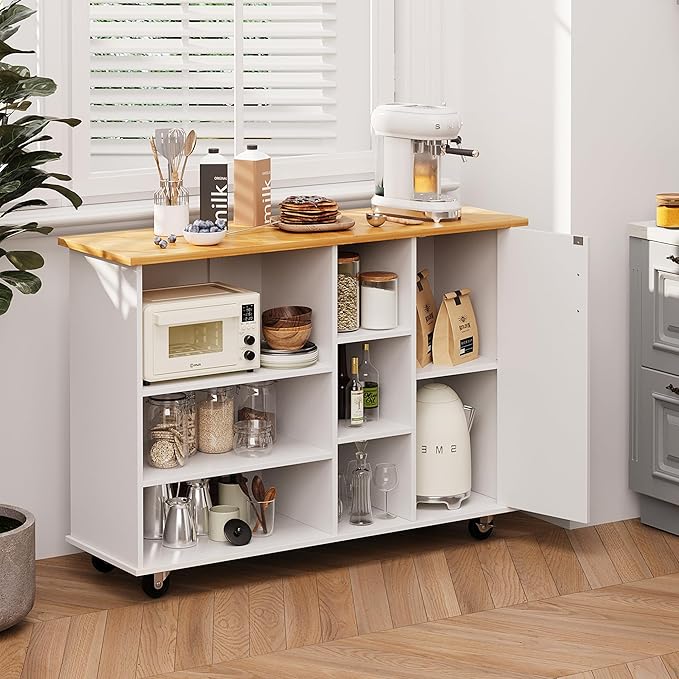Shintenchi 47”W Kitchen Storage Island Cart with 6 Open Shelves and 1 Cabinet, Portable Trolley Cart with Wood Work Top and Handle/Towel Rack, White