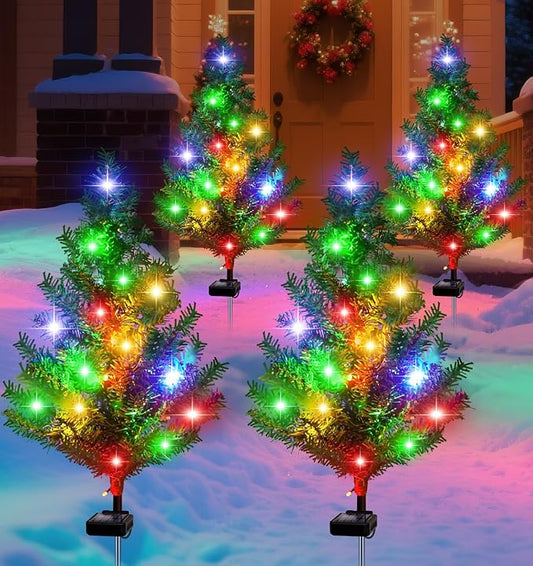 Solar Christmas Tree Outdoor Decor, Waterproof Solar Xmas Decorations Garden Stake Lights, Multi-Color LED Artificial Prelit Christmas Décor for Outside Landscape Pathway Porch Yard Holiday (4 pcs)