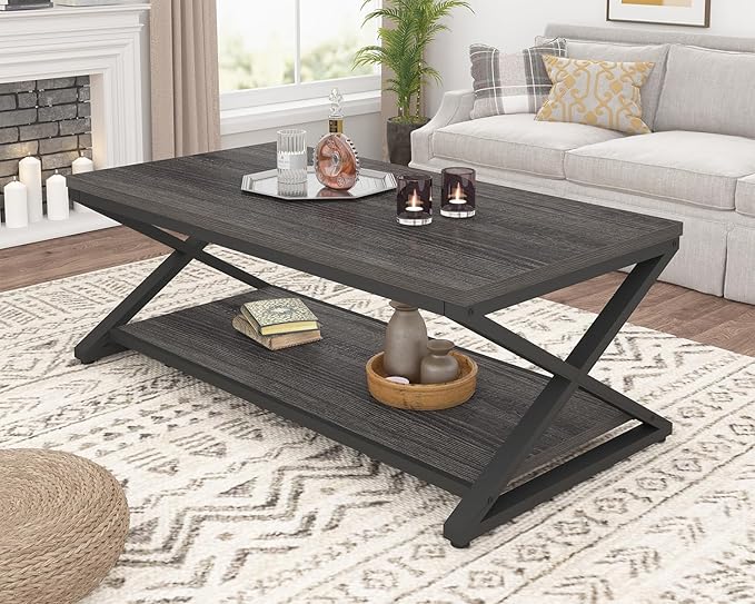 HSH Gray Coffee Table for Living Room, Minimalist Rectangle Center Table with Storage Shelf，Industrial Dark Wood and Metal Cocktail Tea Table, Office Simple 2 Tier Display Coffee Table, 47 Inch