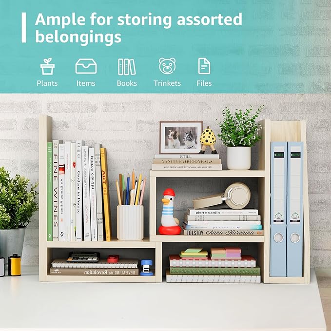 Desktop File Organizer Desk Organizer Shelf - Wooden Office Organization Shelves for Top of Desk Organizers and Accessories Corner Bookshelf Table Top Shelving Small Hutch Decorations for Women Office