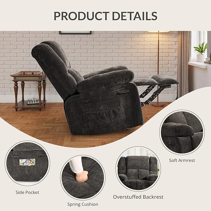 Velvet Rocker Recliner for Adults, Overstuffed Manual Recliner Chair with Spring Cushion, Rocking Chair with Side Pockets, Nursery Glider Recliner Single Sofa for Living Room (Medium, Khaki)