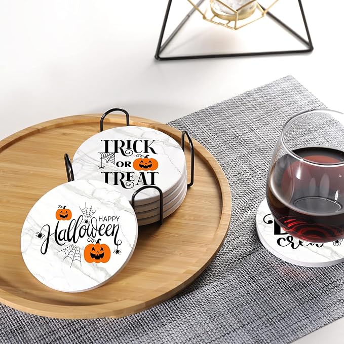 Halloween Drink Absorbent Coasters with Holder Set of 6, Ceramic Stone with Cork Base, White Marble Design with Pumpkin Pattern Coaster for Drinks, Gift for Housewarming Room Bar Home Decor Kitchen