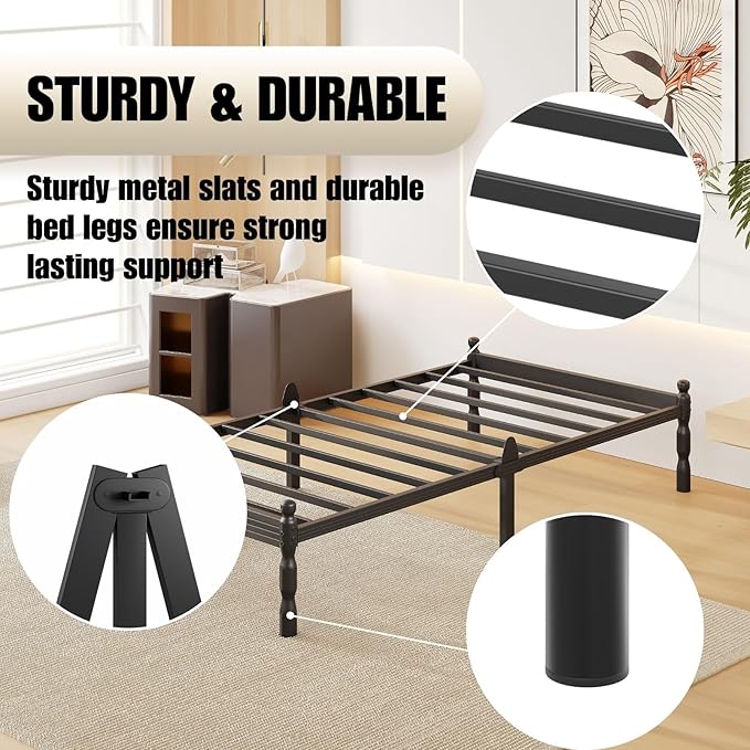 12 Inch Twin Size Bed Frames Keep Mattress from Sliding, Twin Platform Bed Frame No Box Spring Needed, Heavy Duty Metal Bedframe, Non-Slip, Easy Assembly