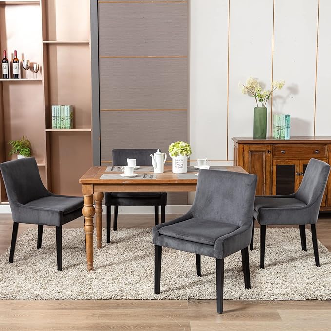 COLAMY Modern Dining Chairs Set of 2, Upholstered Corduroy Accent Side Leisure Chairs with Mid Back and Wood Legs for Living Room/Dining Room-Grey