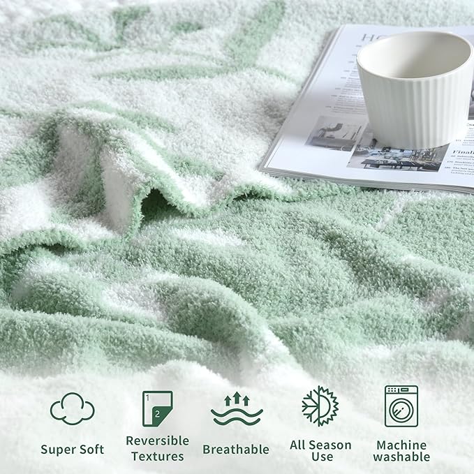 Leaf Pattern Throw Blanket Soft Cozy Spring Blanket for Bed, Couch, Sofa Lightweight Breathable Stylish Seasonal Home Decor Blanket Sage Green 60x80 Inches