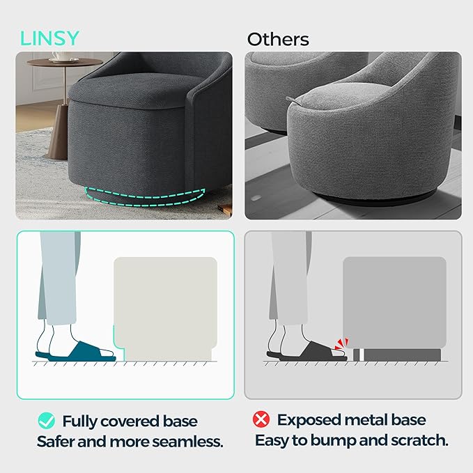 LINSY Swivel Accent Chair with Storage Comfy Chenille Barrel Chairs, Small 360 Swivel Modern Armchair for Living Room Bedroom, Boucle Reading Chair for Study Room (Grey)