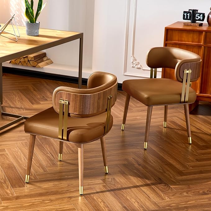 Modern Mid-Century Upholstered Leather Dining Chairs Set of 2 with Thick High-Resilience Foam, Walnut Wood Veneer,Dining Chairs with Anti-Slip Pads,Light Brown