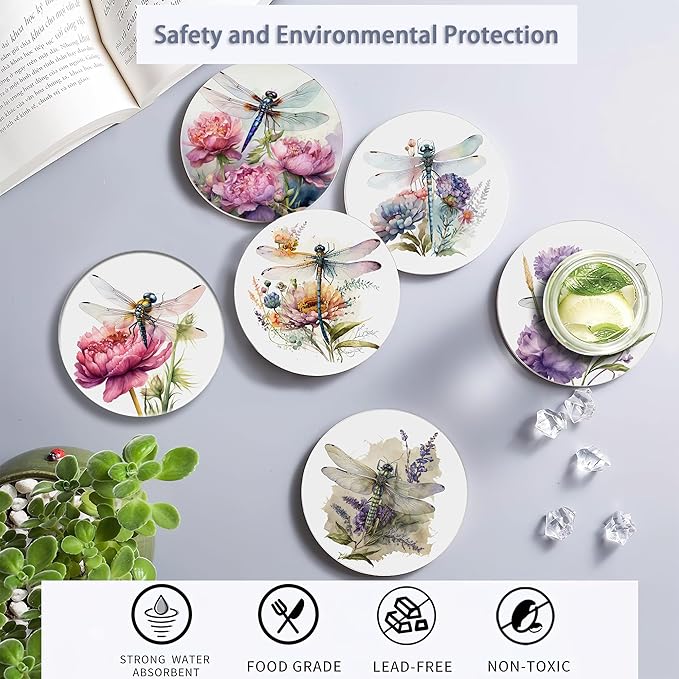Coaster for Drinks Set of 6, Dragonfly Flower Absorbing Round Ceramic Stone Coaster with Cork Base,Tabletop Protection Mat for Mugs and Cups,Coffee Table Wine Glass Home Bar 4 Inch