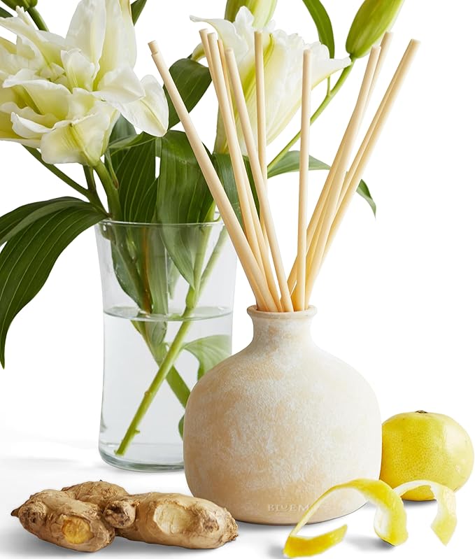 BLUEME Happiness-Yuzu & Ginger, 16.91 Fl Oz Wellness Diffuser, Contains Essential Oil, Sustainable, Hand Finished, Premium, Luxury Ceramic, Natural Rattan Reeds