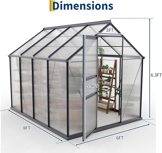 6X8 FT Outdoor Walk in Greenhouse,Polycarbonate Green House Vented Roof Window,Heavy Duty Greenhouse with Aluminum Frame for Backyard Patio Gardening